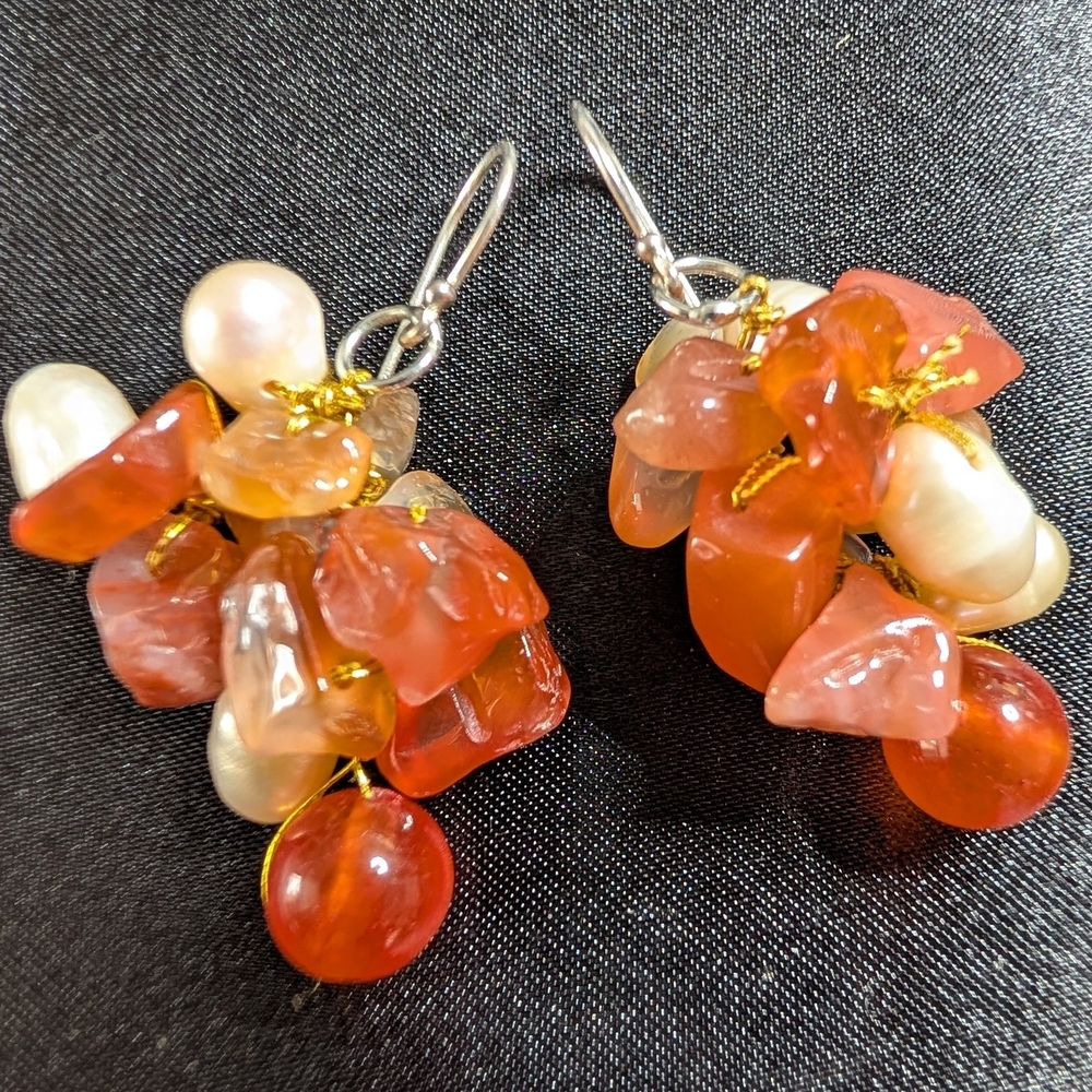Elegant Orange and Pearl Cluster Earrings